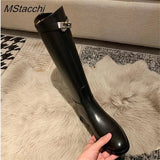 Style Women Knight Boots Buckle Strap Round Toe Flat Women High Knee Boots Slip-on Boots Female Women Shoes 2024