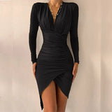 Vintage Leopard Printed Women Slim Party Dress Spring Autumn Ladies Elegant Irregular Dresses Sexy Deep V Neck Draped Slit