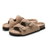 New Winter Plush Inside Women Slipper Casual Fashion Home Buckle Artificial Fur Slip on Soft Slides