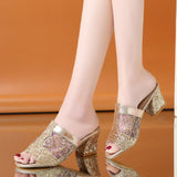New Lady's Mesh Slippers High With Thick With Fish Mouth Hollow Out A Character Sequin Cool Drag