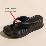 Size 34-40 Women Real Leather Slippers Platform Sandals High Heel Leisure Flip Flops Summer Flat Beach Shoes