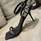 New Style Square Toe Ladies Sandals Crystal Letters Decorated Ladies High Heels Sexy High Heels Wedding Dress High