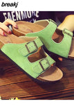 New Summer Men Beach Suede Cork Slipper Couple Shoe Casual Nubuck Leather Women Outdoor Double Buckle Slide