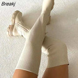 Women Knee High Boots Platform Thick Heel Slim Boots Winter Breathable Knitting Sock Upper LadiesThigh High Casual