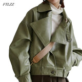 New Spring Autumn Green Faux Leather Jackets Casual Women Short Vintage Loose Pu Jackets Female Black Red Leather