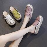 Thick Sole Slippers Female 2024 Summer New Baotou Engraved Hollow Hole Shoes Casual Leather Face A Foot Pedal Cool