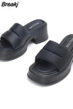 Dropship 2023 Summer Brand New Women Single Band Platform Sandals Black Nylon Chunky Platform Wedges Slipper