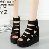 2021 New Sandals Super High Heel Height Increase Muffin Thick Bottom Wedge Heel Hollow Fish Mouth Women Sandals