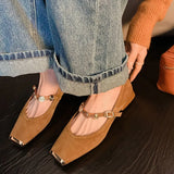 Collision Proof Metal Square Head Single Shoes Women's Fashion Spring Low Heel One Word Buckle Shallow Mouth Single Shoes Leather Mary