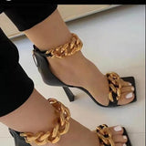 Ankle Strap Summer Clear PU High Heel Sandals Summer Fashion Chain Design Slip on Square Toe Zipper Slides Women Mules