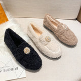 Lambswool Moccasins women warm plush winter shoes woman espadrilles comfy fleeces loafers crystal pearl fur flats plus
