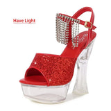 14CM Thick Heel Shoe LED Luminous Transparent Platform Diamond Tassels Sandals For Women Light Up Glowing Pole Dance