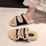 Slippers Female 2024 Autumn / Winter New Korean Version Of Fashion Color Stitching Soft Wool And Velvet Belt Buckle