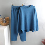 2 Pieces Set Women Knitted Tracksuit O-neck Sweater + Granny pants Sweater Set female Knitted sweater suit Homewear