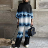 Lady Winter Knit 2pc Sets Fashion Gradient Print Turtleneck Pullover Top + Wide Leg Pant Suit Women Popular Casual Home