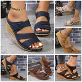 Breakj Size Slope Heel Slippers Female 2024 Summer New Velcro Hollow Casual Slippers Female