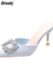 Female 2023 High Quality Mules Pumps Summer New Square Rhinestone Women Slippers Sexy Pointed Toe Thin Heels Party