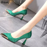 High Heel Pumps Metal Pointed Stiletto Shallow Women's Gentle Black Green Shoes Spring/Autumn Sexy Zapatos Mujer De