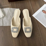Breakj Half Drag Female 2024 Summer New Fashion Rhinestone Square Buckle Flat Bottom Cool Drag Flat With Slippers Women's Shoes