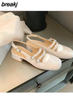 Soft Leather Mary Jane Shoes Female Retro Block Heel Square Toe Work Pumps New One-Word Buckle Strap Mid-Heel High