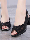 Women's Sandals Summer Mesh Fish Mouth Chunky Heel Semi-High Heeled Hollow Out Soft Bottom Mom Shoes Zapatos Para