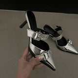 Niche 2023 Pointed Belt Buckle Fine Heel Sandals Female Back Empty High Heel Head Sandals Female Summer