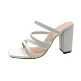 2022 Fashion GLADIATOR Womens Sandals White Solid PU Leather Square Toe Femme High Heel Party Dress Women Slipper Shoes