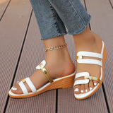 Womens Wedges Sandals Tan Ladies Summer Casual Shiny Leather Thick Bottom Outer Wear Beach Slope Heel Big Swim Sandals