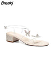 New Butterfly Crystal Sandals Thick Heel Strap Round Toe Buckle Sandals Sexy Party Shoes Summer Ladies Elegant