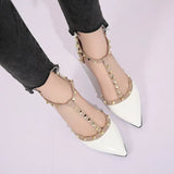 Summer Footwear High Heels T Strap Rivet Pumps Chunky Heels Sandal Patent Leather Dress White Wedding Shoes Ladies