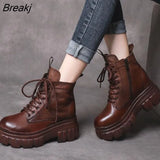Women's Genuine Leather Ankle Boots Women Autumn Winter Lace Up Women Punk Boots Flat Ladies Shoes Woman Botas