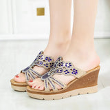 / Summer 2023 New Fashion Rhinestone High Heel Slope Sandals Slippers Women's Loose Cake Thick Bottom One-Word Drag