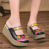 2023 Summer Shoes Women Wedge Slides Cover Toes Handmade Flower Thick Heels Genuine Leather Lady Platform
