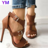 2021 Gladiator Fine Women Sandals Summer High Heels Leather Peep Toes Ankle Buckle Strap Woman Party Shoes Black Sandalia