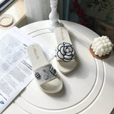 camellia decoration slippers women flat heel beach sandals pearl number slides summer shoes woman flower rivet flip