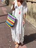 Women Summer Elegant Flared Short Sleeved Lace Resort Long Dress Sexy V Neck With Lining Party Dress Casual Loose Solid