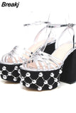 Women's Sandals Fashion 2023 Metal Luxury Elegant Platform Sandals Ankle Buckle Super Chunky High Heels Rivet Party