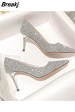 Pointed Stiletto High Heels Shoes Sexy silver sequins Shallow Mouth Single Shoes Women's Work Dress Shoes High Heel