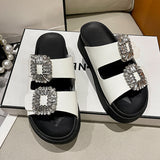 Brand Rhinestone Shoes Ladies High Heels Platform Sandals Double Buckle Band Slippers Woman Muffins Crystal FlipFlops