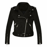 Women Faux Suede Jacket Coats Motorcycle Zipper Turndown Collar Faux Soft Leather Overcoat Female Black Punk Short