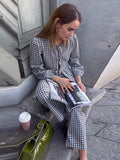 Plaid Print 2 Piece Sets Women Elegant Long Sleeve Ruffled Casual Shirts And Trousers Set High Street Ladies