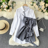 Summer New Arrival Office Ladies Long Sleeve White Shirt Retro Shirt Dress Sling Outside with Belt Slim Two-piece