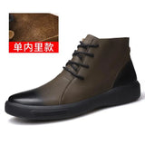 New Leather Cowhide Boots Men's Winter Men's Leather Hight-Top Shoes Fleece-Lined Warm Design Cotton-Padded