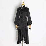 Asymmetrical Lace Up Dress Female Stand Collar Flare Sleeve High Waist Hollow Out Midi Dress Women 2022 Fashion