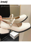 5CM Silver Thick Heels Mary Jane Shoes Women Buckle Strap Square Toe Pumps Woman Med Heele Patent Leather Shoes