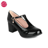 Women's Classic T-Strap Patent Leather Pumps High Chuncky Heel Mary Jane Round Toe Oxfords Dress Shoes Japanese Office Lady
