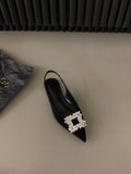 Flat Black Head Sandals Fairy Shoes 2023 New Spring And Summer Pointed Rhinestone Temperament Single