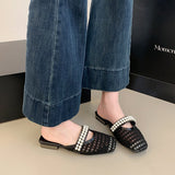 Breakj Version Of Baotou Pearl Half Slippers Women Wear 2025 Summer New One-Legged Lazy Shoes Square Casual Single