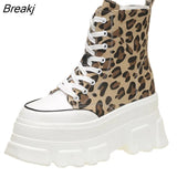 Women's High-top Canvas Black Boots 2022 Summer Heightening All-match Thick-soled Platform Shoes Leopard Print Lace-up