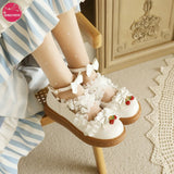 Japanese Cartoon Sweet Girl Flat Shoes Women Platform Lolita Flats Princess Cosplay Kawaii Vintage Lace Bow Strawberry